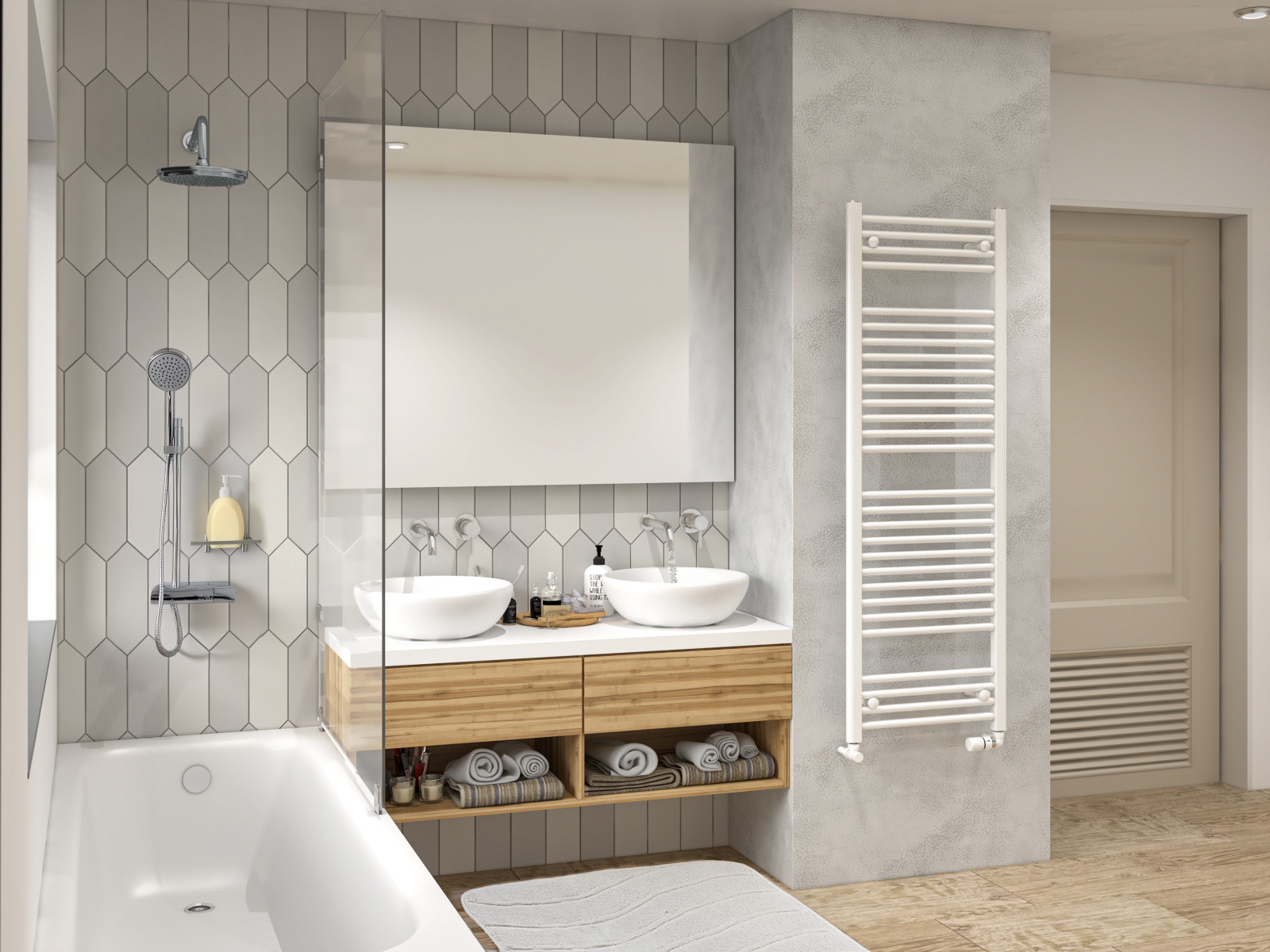 Rendering Zehnder Aura Decorative radiator Angled view
